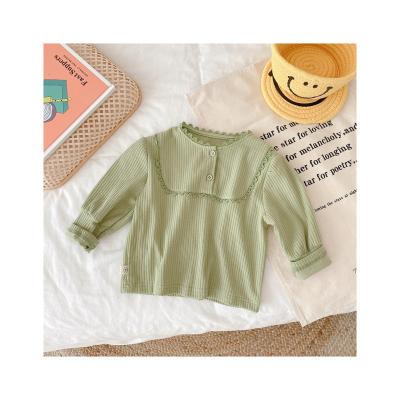 China Baby T-shirt Lace Crewneck Anti-Shrink Plain Solid Color Ribbed Cotton Long Sleeves RTS Toddler Kids Pullover Hot Selling Top Wholesale for sale