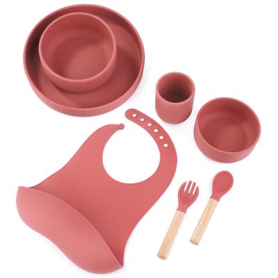 China Viable Kids Water Proof Bib Training Wood Bifurcates Bowl Set Silicone Administers Sendok Handle Baby Wooden Spoon & Fork for sale