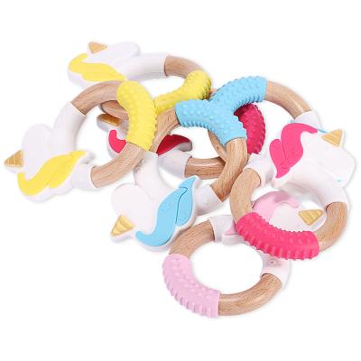 China Soft Silicone Wooden Wooden Teether Ring High End Baby Teethers Cute Cartoon Free Teether Kean New Product Baby Teether BPA Free for sale