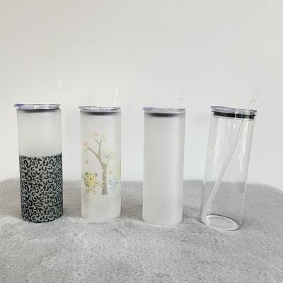 China Classic Crystal Frosted Clear Transparent DIY 25oz Straight Empty Sublimation Glass Tumbler With Leak Proof Lid And Straw For DIY Printing for sale