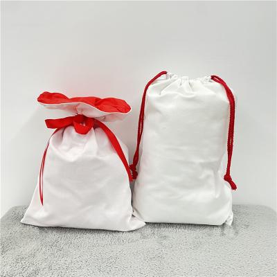 China Santa Present Stocking Storage White Christmas Home Decoration Empty 100% Polyester Sublimation Canvas Drawstring Bags for Christmas for sale