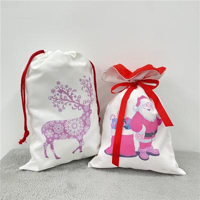 China Polyester Canvas Present Delivery Bag Customized Sublimation Wholesale White Christmas Drawstring Empty Bags For DIY Printing for sale