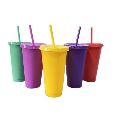 China Good Price Vivid Solid Color 16oz 24oz Matte Set Of 5 Summer Plastic Iced Cold Cups With Lids And Straws for sale