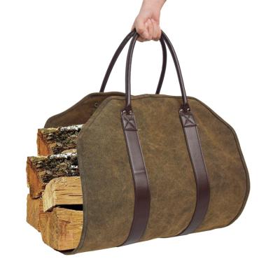 China AZB155 Fashion Customize Design 16oz Waxed Canvas Firewood Rack Good Quality Open Tote Bag Canvas Firewood Carrier for sale