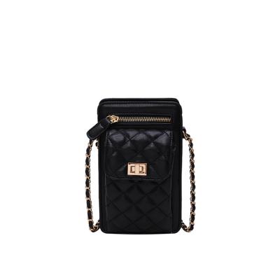 China AZB045 Everyday Life Vegan PU Strap Leather Braided Chain Zipper Mini Crossbody Bags Turn Lock Lattice Stitching Ladies Phone Bag for sale