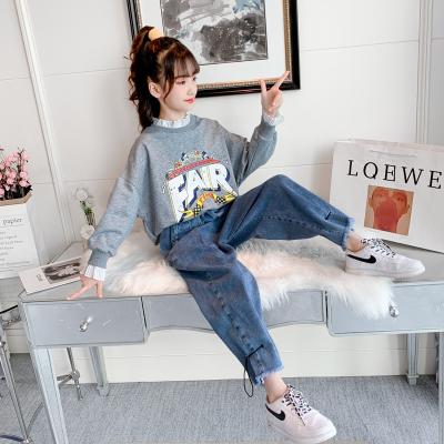 China CCYH casual girls spring and autumn sweater set new Korean version of the fashionable two-piece set of medium and large children's jeans for sale