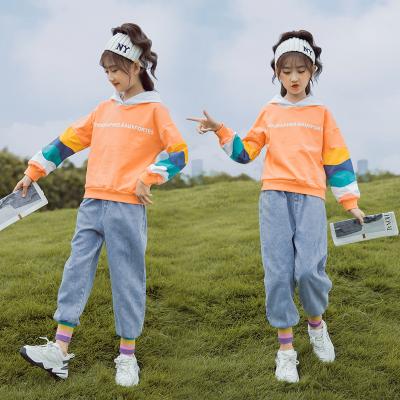 China CCYH 2021 new casual autumn girls' rainbow sleeve set hooded Korean version of medium big boys' denim pants sweater girls for sale