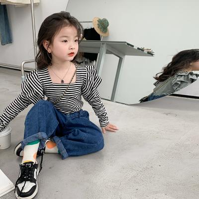 China SXCCYH Anti-wrinkle children's girls lace up 2022 Korean version square neck baby striped shirt fly sleeve spring children's main for sale