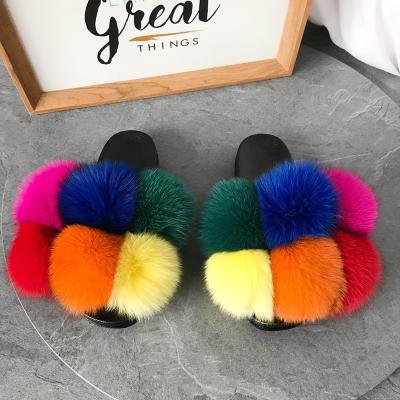 China CCYH 2021 new Anti-odor fox hair slippers home use European sandals and flat bottom American color real fur fashion hair ball slippers for sale