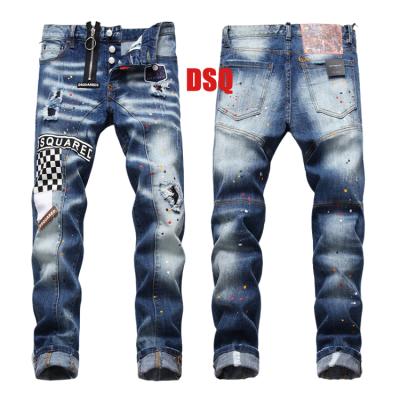 China Popular breathable men's jeans embroidered badge zipper decoration splatter ink straight jeans for men's patchwork ripped to hold skinny jeans for sale