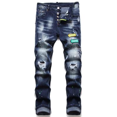 China Factory Wholesale Cheap Breathable Holes Blue Washed Jeans Men Jeans Pants Shape Elastic Feet Plus Size Mens Jeans for sale