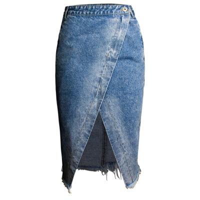 China Casual Design Button Blue Tassel Breathable Plus Size Ladies Jeans Shirts Knee Length Jean Skirt For Women for sale