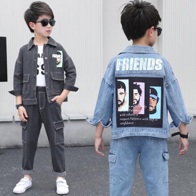 China Wholesale Breathable Photo Print Denim Suit Clothes Jackets And Pants Big Pocket Boys Kids Jean Jacket for sale