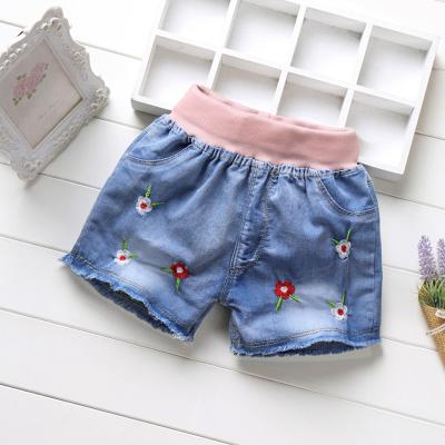 China Breathable Custom Kids Jeans Shorts Flower Lace Decoration Jeans Pants Fashion Girl Embroidered Cute Denim Shorts for sale