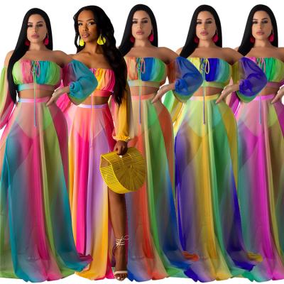 China Anti-wrinkle Summer Off The Shoulder Rainbow Stripe High Split Women Long Maxi Dress 3 Piece Set for sale