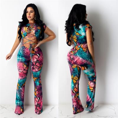 China Sustainable Fashion Butterfly Printed Women Rompers Short One Piece Jumpsuit for sale