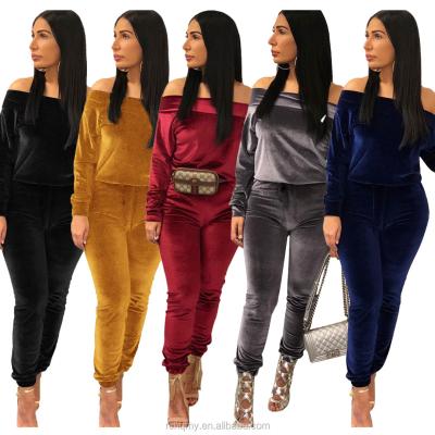 China New Sustainable Falling Sleeve Fashion Velvet Two Piece Clothing Set Off Shoulder Sweat Suits For Women for sale