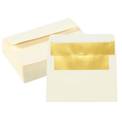 China Disposable eco-friendly stocked biodegradable attractive custom printed invitation packaging envelopes for wedding invitations in ivory outside gold inside for sale