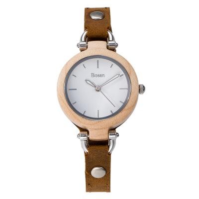 China Luxury Non-Specific Size Hands 36MM Silver Maple Case Wood Leather Strap Watch For OEM Custom Nature Women Logo Wood Ladies Watch for sale