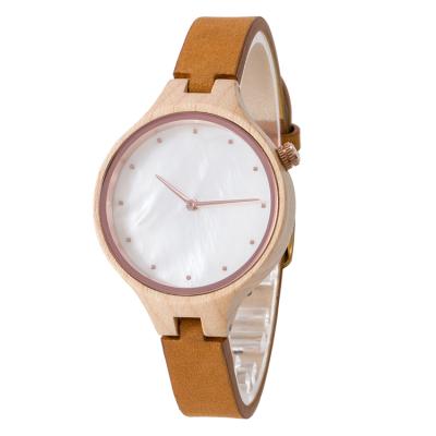 China OEM Non-Specific Custom Women Shell Dial Quartz Wrist Watch Logo Case Maple Fashion 36mm RTS Watch Luxury Brown Wood Leather Strap for sale