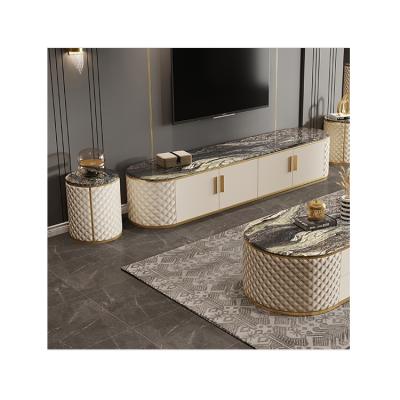 China Customized Gold Plated Modern Marble Top Door Handle Hot Selling Living Room Large Space TV Stands for sale