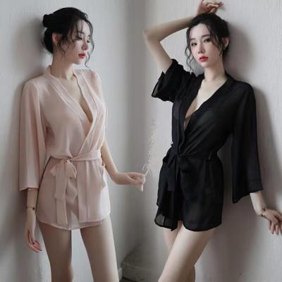 China YG D111 Koreansee sexy lingerie mature women's sexy lingerie-thru transparent women's sexy summer pajamas chiffon long belt white pajamas for sale