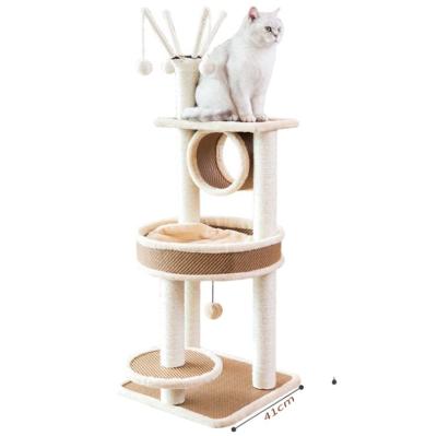 China CatclimbTree Stocked Cat Tower with Natural Sisal Lining Poles Cat Activity Platform Furniture with Hanging Ball Cat Climbing Frame for sale