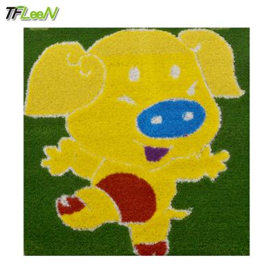 China PP+PE Lawn Artificial Grass Made in China Cartoon Logo Design Artificial Grass Carpet Tiles Kid Pet Grass Mat for sale