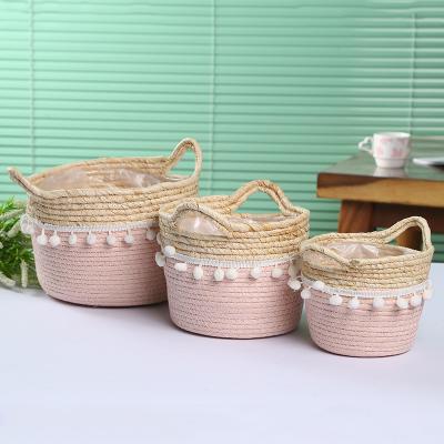 China CLASSIC Cotton Rope Decorative Straw Woven Storage Basket Round Laundry Basket Sundries Storage Dirty Basket for sale