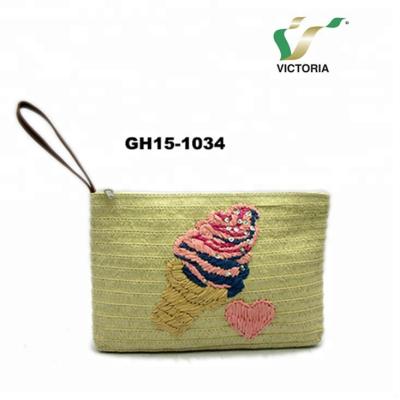 China Fashion Handmade Embroidery Paper Straw Tote Woven Clutch Bag for sale