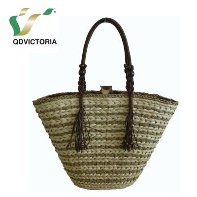 China Shoulder bag corn husk bag with woven sea grass rope for sale