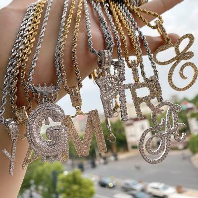 China Customized Environmental Friendly Lady Ice Out Letter Necklace Hip Hop Brass Cubic Zircon Letter Dangle Chain for sale