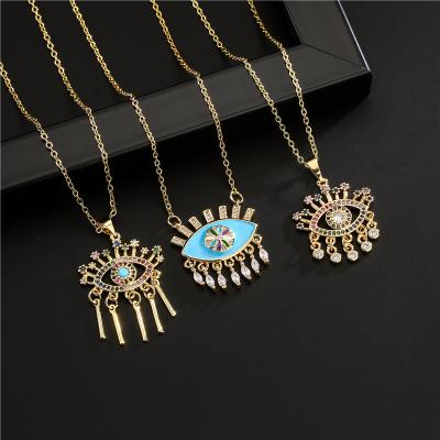 China Environmentally Friendly American European Style Vintage 18k Gold Plated Zircon Eye Tassel Hip Hop Pendant Necklace for sale