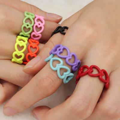 China Wholesale Environmental Friendly Enamel Finger Drop Ring Jewelry Open Adjustable Various Colorful Neon Heart Enamel Rings For Women Lady for sale