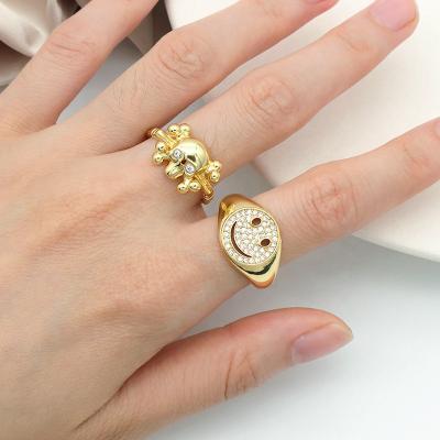 China Vintage Women Jewelry Trendy Environmental Friendly Gold Filled Fashion Gold Plated Smiley Face Ring Adjustable Gold Rings Customize Crystal for sale