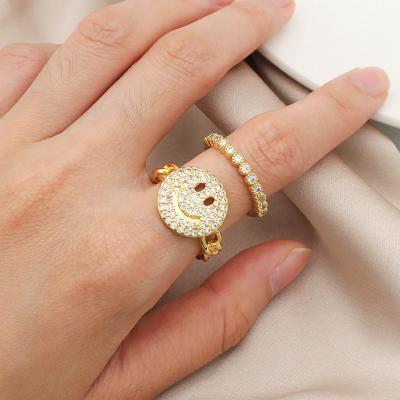 China Wholesale Custom Gold Plated Environmentally Friendly Women Girl Micro Pave CZ Jewelry Shiny Finger Ring Adjustable Open Happy Smile Smiley Ring for sale