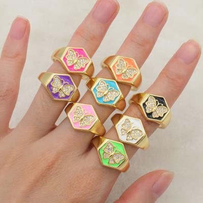 China Hexagon Butterfly Finger Ring Trendy Jewelry Open Adjustable Colorful Environmentally Friendly Gold Plated Enamel Butterfly Ring For Girl Women for sale