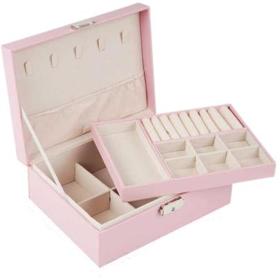 China New Design Eco-friendly PU Fashion Jewelry Box Double-Layer Necklace Leather Earrings Ring Display Holder Gift Box for sale