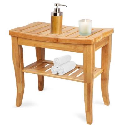 China Storage Shower Chair With Storage Rack Bathroom Shower Bench Luxury Bamboo Wood for sale