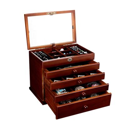 China Jewelry Four Drawer With Mirror Jewelry Storage Box Wood Cosmetic Box Retro for sale