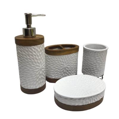 China Sustainable Luxury Natural Pattern Solid Color White Ceramic Bathroom Accessory Sets With Bamboo Decor for sale