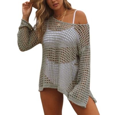 China New Custom Made Cross-Shoulder Antibacterial Mesh Bikini Beachwear Tassel Solid Color Swimsuit Cover Up for sale