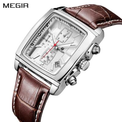 China Date Megir 2028 Men's Automatic Quartz Watches Hot Sale Watches Chronograph Casual Leather Analog Square Calendar Band Male Waterproof Watch for sale