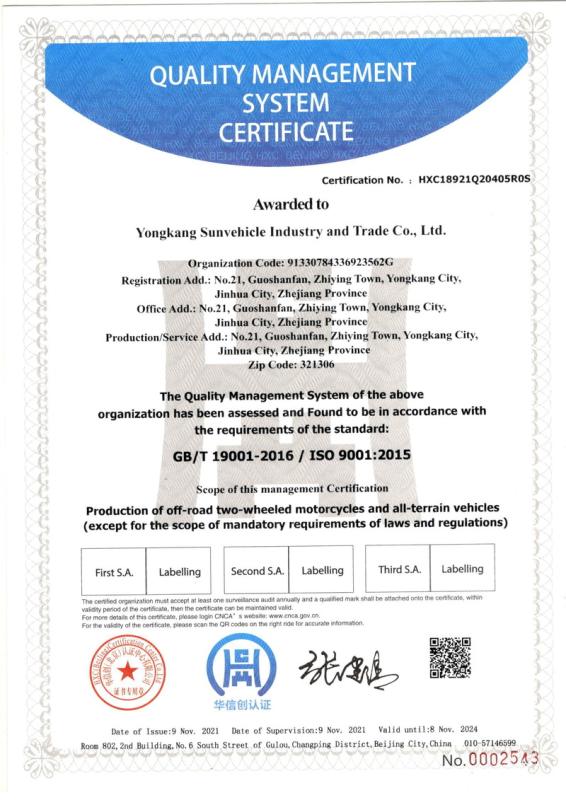 ISO9001 - Yongkang Sun-Vehicle Industry & Trade Co., Ltd.