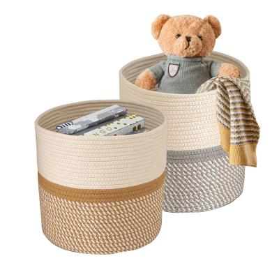 China Wholesale Colorful Cotton Foldable Kids Woven Rope Cart Large Size Folding Laundry Storage Basket With Handles Baskets for sale