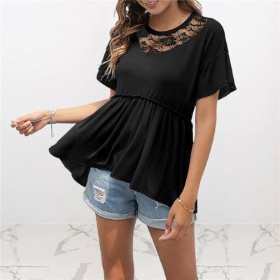 China Anti-wrinkle Osina High Quality Ladies Summer Shorts Sleeve Lace Top Neck Pleated High Waist Color Women Casual T-shirt for sale