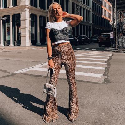 China Hot Sale Anti-Wrinkle Women Streetwear Flare Pants Fashion Design Leopard Print Gaiters High Waisted Flare Pants Women for sale