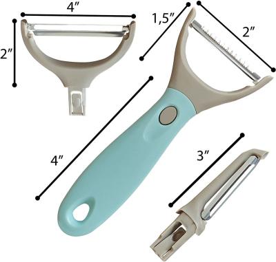 China Multifunctional Metal 3 in 1 Stainless Steel Fruit Vegetable Peeler Tool Cutter Vegetable Slicer 3 Different Blade with Plastic Handle for sale