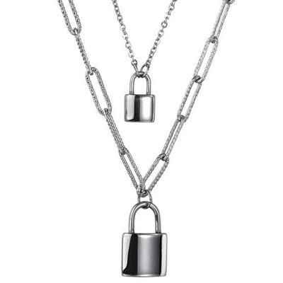 China European and American titanium steel lock double layer custom stainless steel lock TRENDY INS hip-hop pendant necklace for sale