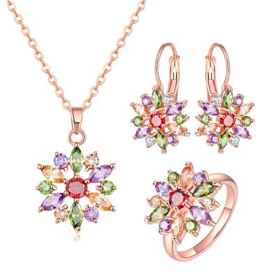 China TRENDY Fashion Rose Gold Plated Cubic Zirconia Women Necklace Earring Rings Jewelry Sets Rose Flower Gold Jewelry Set for sale